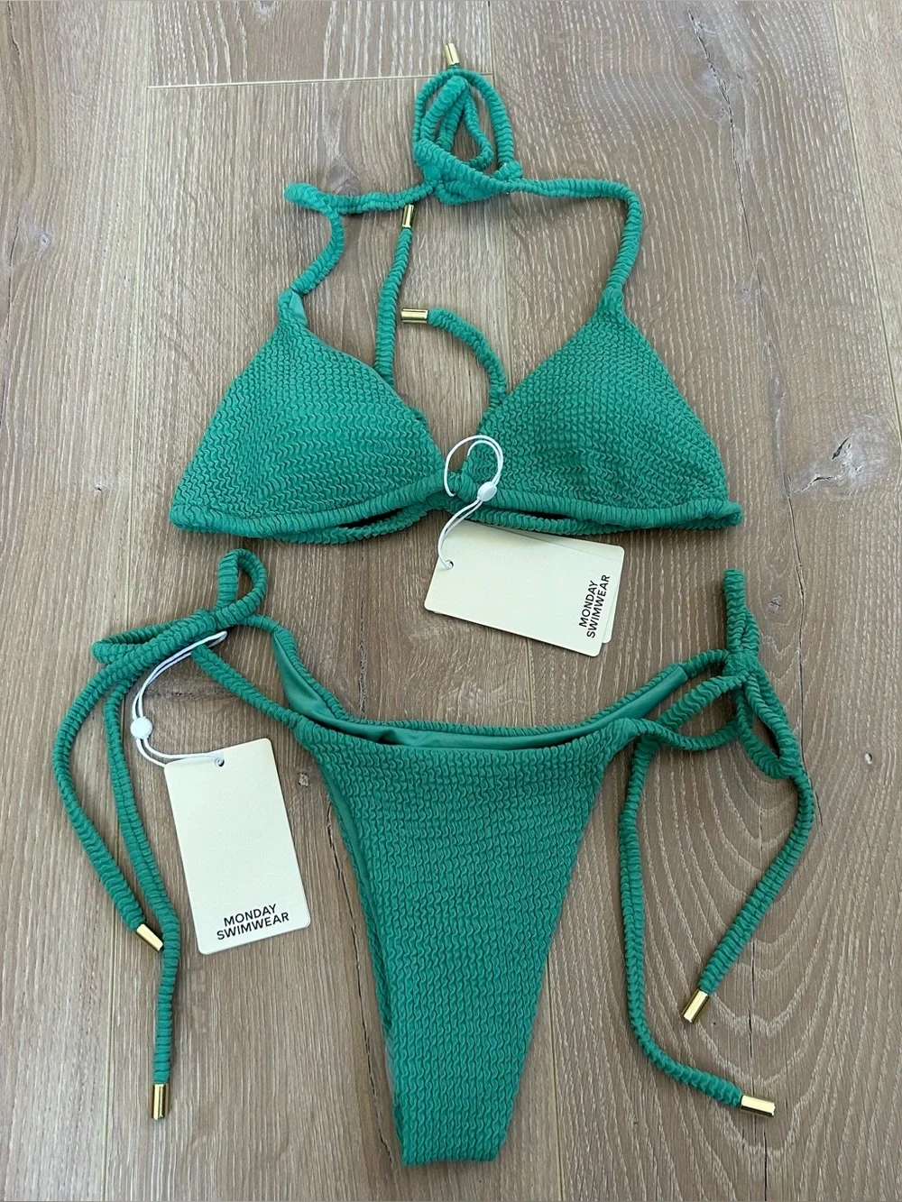 NWT New Monday Swimwear Palma Top and Palma Bottom in Pond Crinkle